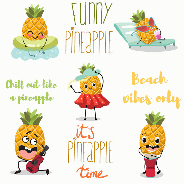 向量插图集合的有趣的人物，卡通，菠萝演奏乐器，在日光浴床上晒太阳，菠萝女孩在帽子和裙子，菠萝鸡尾酒。图片下载
