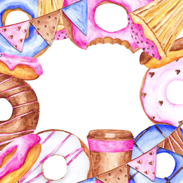可爱的生日框架上的白色背景。甜甜圈、纸杯蛋糕、花环和咖啡杯放在一个方形的空模板上。水彩面包店框架。甜点插图。图片下载