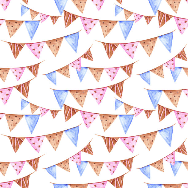 水彩花环无缝图案在白色背景。手绘生日装饰插图。聚会装饰。可爱的旗帜，印不完。庆祝壁纸。蓝色、棕色和粉红色的花环。图片下载