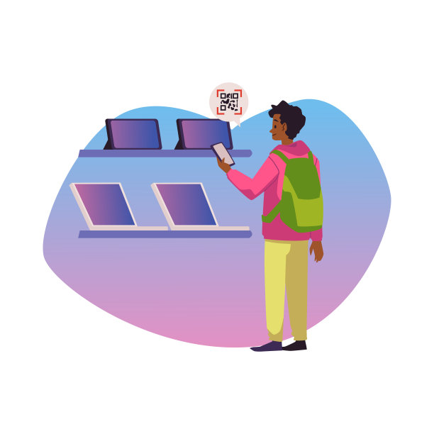 年轻人在电脑商店扫描二维码与信息，平面矢量插图孤立在白色背景。图片下载