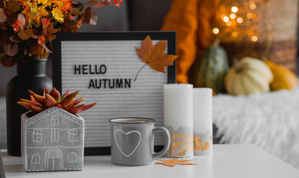 舒适的秋天的概念。寒冷天气里的家庭温暖。静物。在客厅室内的咖啡桌上放着一条毯子、南瓜、鲜花和一杯茶。图片下载