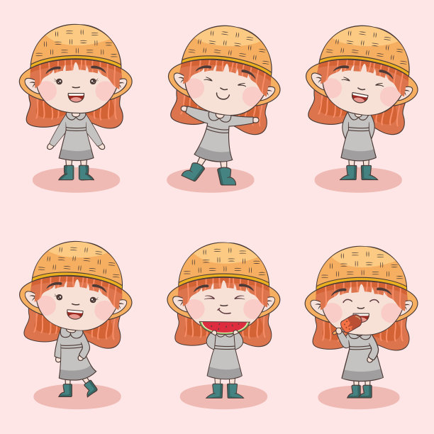 集合可爱女孩各种活动和情绪的卡通载体图片下载