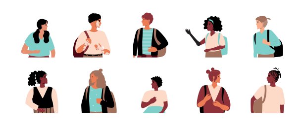 孩子与学校书包孤立，平面矢量插图设置或拼贴不同的学校女孩，女孩和男孩图片下载