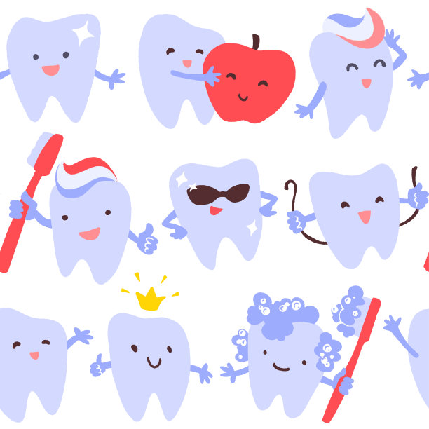 无缝图案与手绘可爱的牙齿在白色背景。图片下载