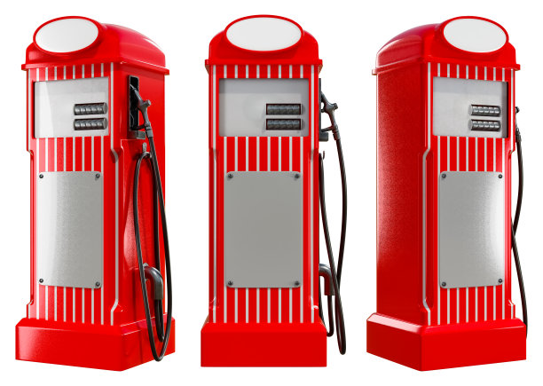 一组古董红色加油站的3D表现，孤立在白色背景上。图片下载