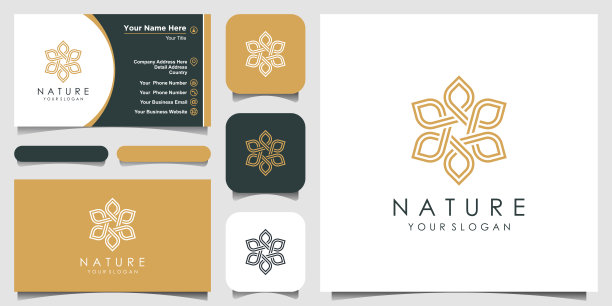 极简优雅的花卉玫瑰标志设计线条艺术风格。标志为美容，化妆品，瑜伽和水疗。标志和名片设计图片下载