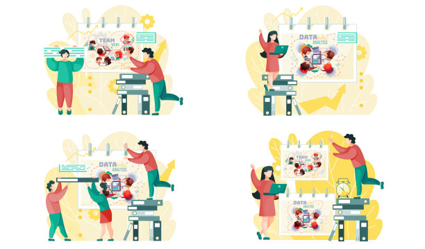 数据分析团队精神。一组分析师召开会议，制定一套营销策略场景图片下载