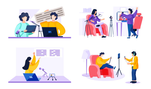 一组男人站在笔记本电脑旁交流的照片。人们在录制视频图片下载