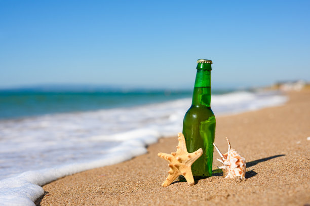 沙滩上放着一瓶啤酒和贝壳。图片下载