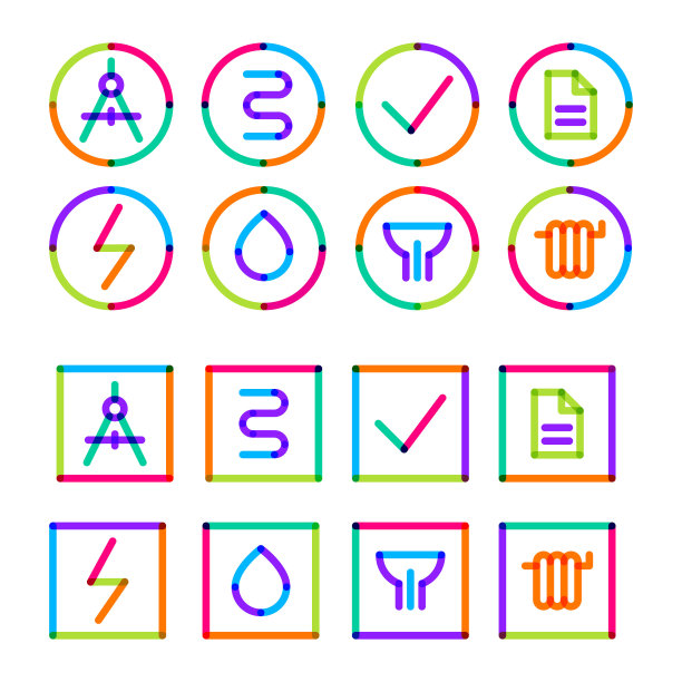 用记号笔画的圆形和方形建筑图标。用于建造和维修的图标。污水、燃气管道、暖气、建筑解决方案、水。图片下载