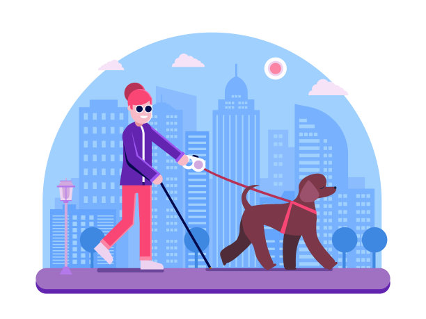 现代女孩与导盲犬在城市散步图片下载