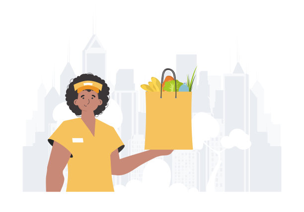 送货上门的概念。一个男人拿着一袋食物。时尚的风格。向量。图片下载