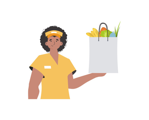 一个男人送了一包产品。家居产品。食品交付。孤立。时尚的风格。向量。图片下载