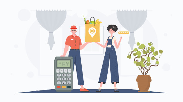 送货上门的概念。一名男快递员拿着一个装着杂货的包裹。卡通风格。向量。图片下载