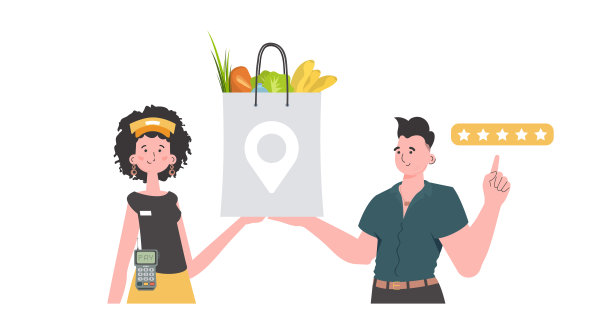 女快递员拿着一个装着杂货的包裹。家居产品。食品交付。孤立。卡通风格。向量。图片下载