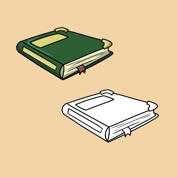 一套图片，一本厚厚的书，绿皮封面，红书签，矢量漫画图片下载
