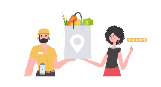 一名男快递员送来了一包产品。家居产品。食品交付。孤立。时髦的公寓风格。向量。图片下载