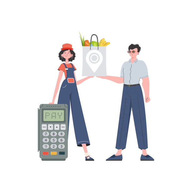 女快递员送了一个产品包裹。家居产品。食品交付。孤立。时髦的公寓风格。向量。图片下载