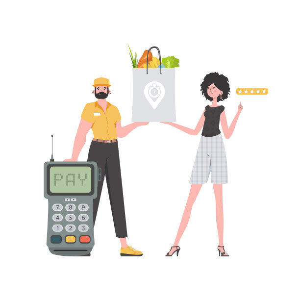 一名男快递员送来了一包产品。交付的概念。孤立。时髦的公寓风格。向量。图片下载