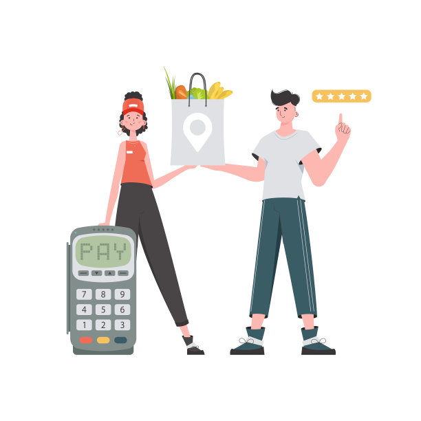 女快递员拿着一个装着杂货的包裹。送货上门的概念。孤立。卡通风格。向量。图片下载