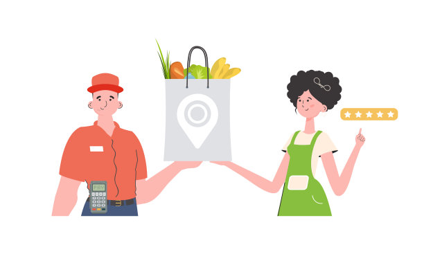 一名男快递员拿着一袋食物。送货上门的概念。孤立。时髦的公寓风格。向量。图片下载