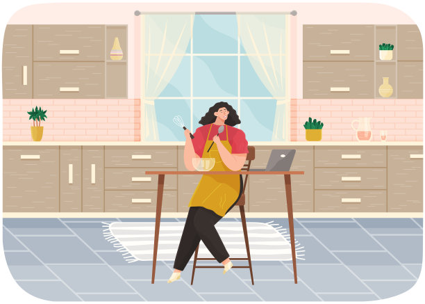 年轻的女人在厨房里做沙拉，站在桌子旁边，看着烹饪视频博客图片下载