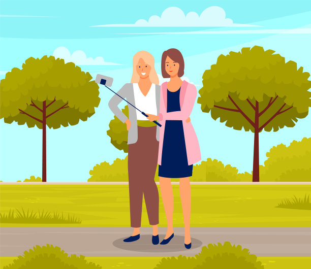 两个女朋友在公园散步时用手机自拍。友谊，照片在花园里图片下载