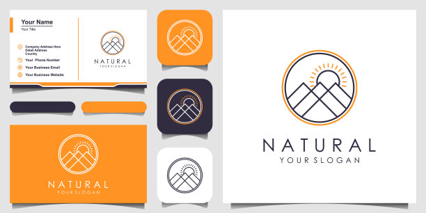 山地冒险线艺术风格的标志设计。平面线条艺术自然标志模板图片下载