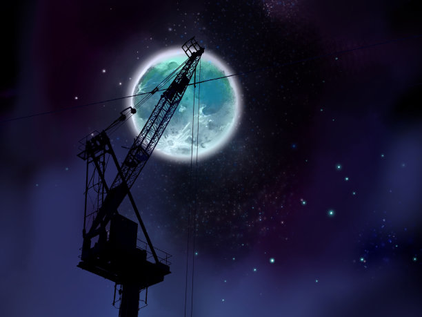 夜晚城市的剪影背景插图，在闪亮的星星，一个大的闪亮的满月和云的背景下，起重机伸展开来。图片下载