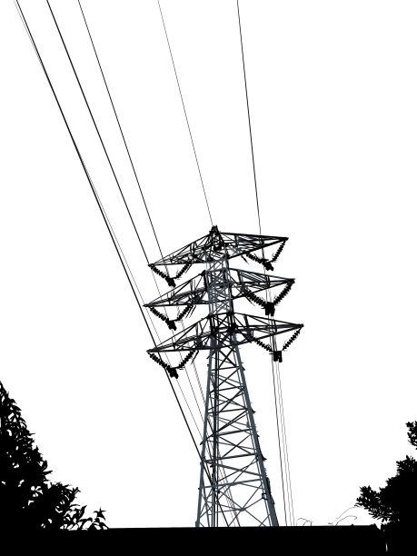 黑白剪纸风格的乡村风景与树林、电线杆和电力塔和乡村道路的剪辑艺术。图片下载