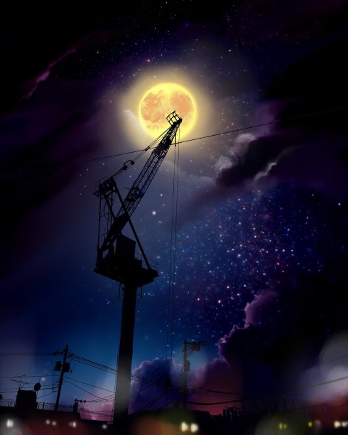 夜晚城市的剪影背景插图，在闪亮的星星，一个大的闪亮的满月和云的背景下，起重机伸展开来。图片下载