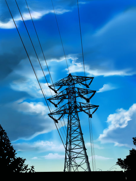 从下往上看的输电塔、生锈的人行天桥、夏天的天空和云的剪接艺术风景。图片下载