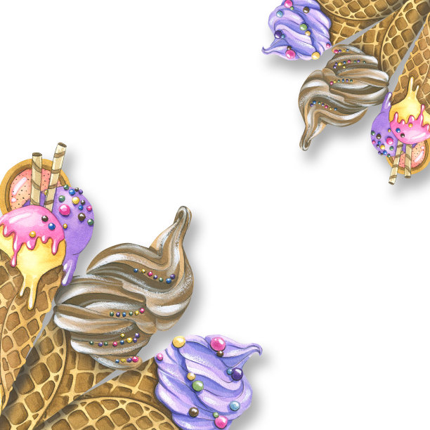 软冰淇淋在华夫筒与糖衣，饼干，糖果屑。水彩插图。一大套冰淇淋的镜框。用于菜单、包装、价签的设计和设计。图片下载