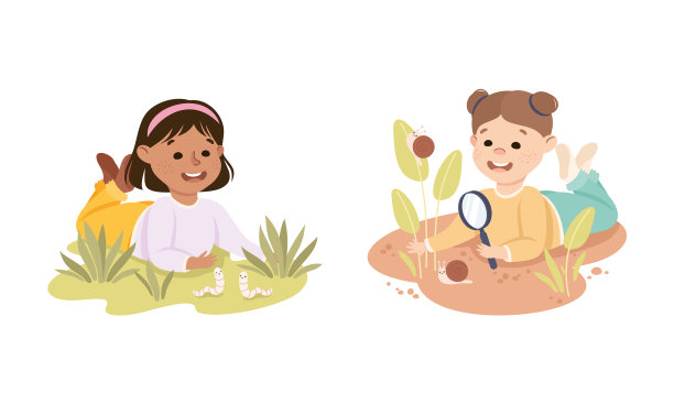 小女孩看着虫子和蜗牛爬行图片下载