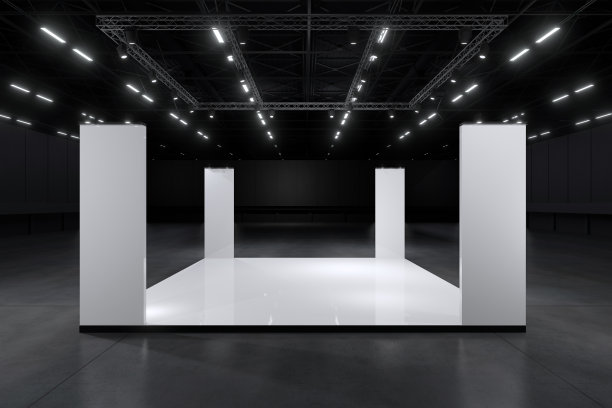 展览代表实物和企业形象，展示设计。空的展台设计。展厅零售摊位元素。设计贸易展。空白展位系统图形资源。3d背景在线活动，会议，现场。3 d渲染。图片下载