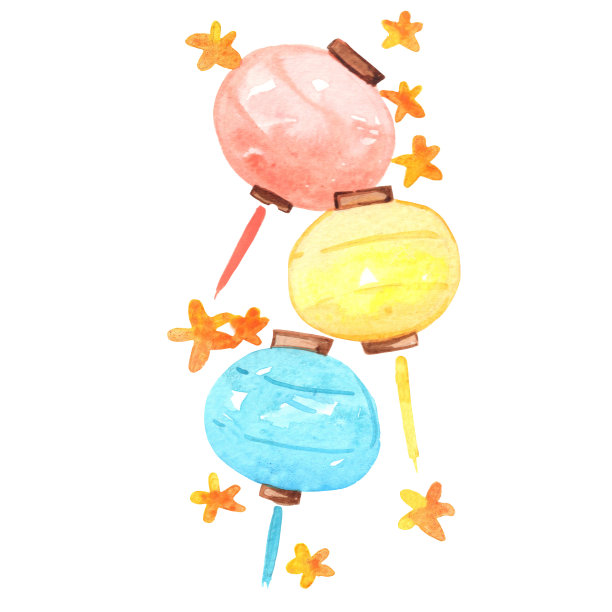 彩灯与黄花水彩装饰在年中和中秋节。图片下载