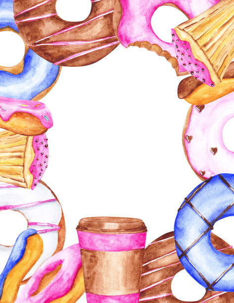 可爱的生日框架上的白色背景。甜甜圈、纸杯蛋糕、花环和咖啡杯放在一个方形的空模板上。水彩面包店框架。手绘甜点插图。图片下载