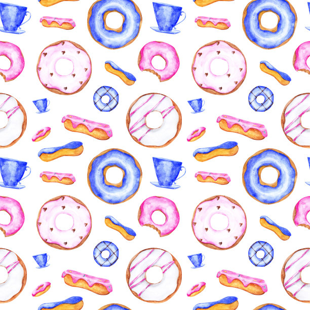 面包店无缝图案的白色背景。甜甜圈，纸杯蛋糕，复古咖啡杯，泡芙，还有无穷无尽的花环。水彩甜甜圈插图。甜点壁纸。生日的背景图片下载