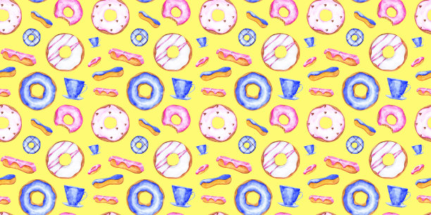 面包店无缝图案上的黄色背景。甜甜圈、纸杯蛋糕、咖啡杯、泡芙条，还有无穷无尽的花环。水彩甜甜圈插图。甜点壁纸。生日的背景。图片下载