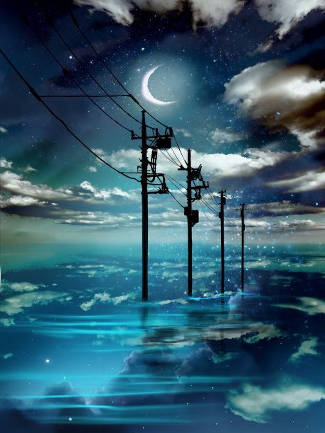 夜晚的黑暗中，满月和星空闪耀，海面上矗立着一根电线杆，电线一直延伸到地平线的神秘风景的剪接艺术。图片下载
