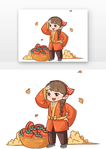 卡通女孩秋分摘柿子图片下载
