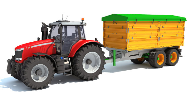 拖拉机与拖车农场设备的3D渲染在白色背景图片下载