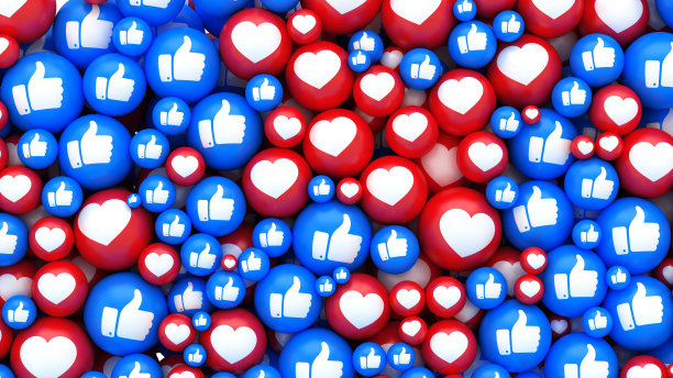 社交媒体图标背景。多彩球，心形和点赞符号。图片下载