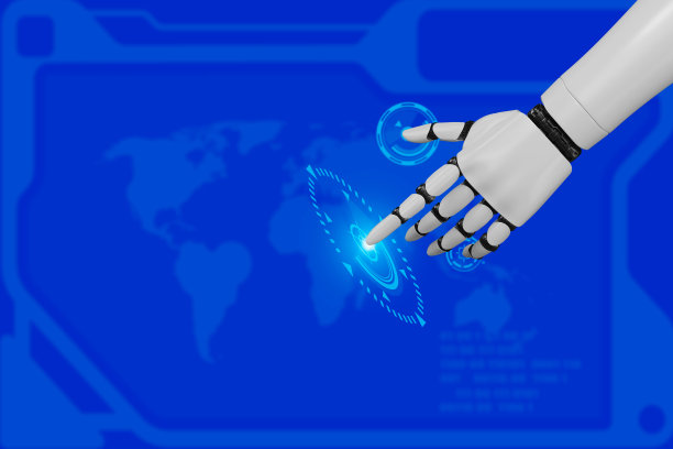 人类的手指向社交网络图标的中心。3 d渲染。蓝色背景的线框机械手和人手触摸数字图形界面。图片下载