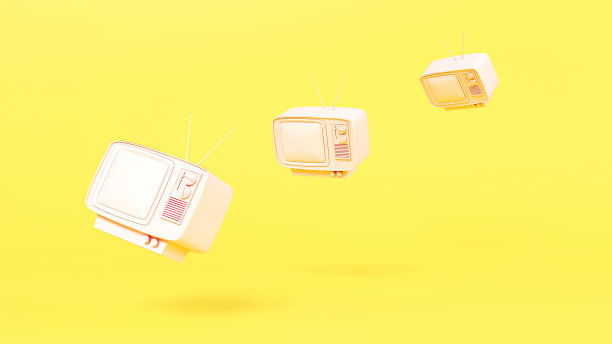 在黄色背景上粉彩复古粉色电视的创意3D插图概念。替代的环境。图片下载