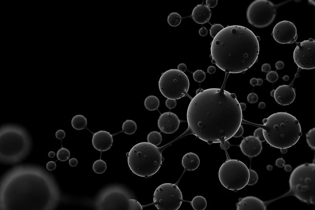 抽象分子原子或病毒。黑色背景的科学或医学结构。解离，突变和细菌。图片下载