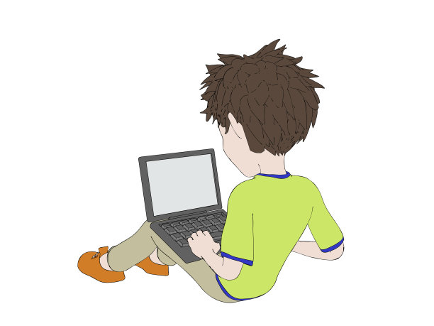 卡通人物小男孩坐在地板上使用图片下载