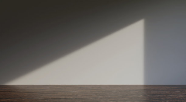 模拟一个空房间，木地板与阳光投射在墙上的阴影，室内设计的最小视野。三维渲染图片下载