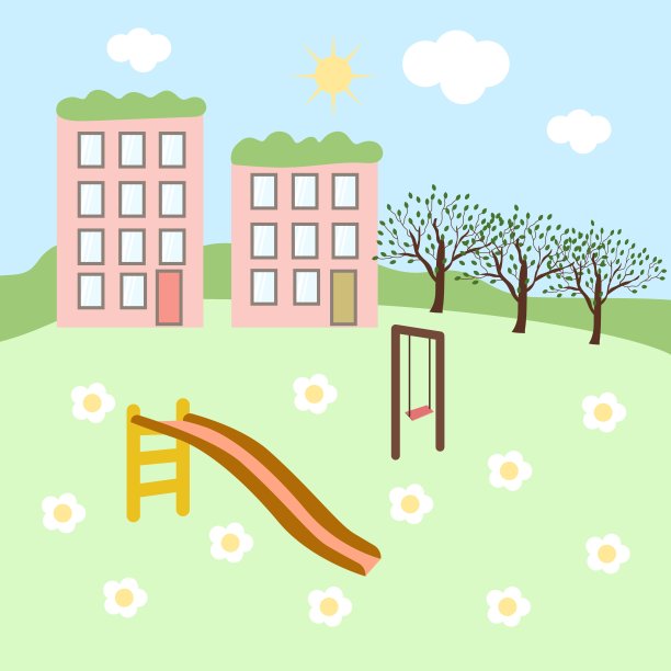 一个有绿色空间、有秋千和滑梯的游乐场的环保住宅综合体。图片下载