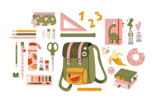 可爱的学校文具和艺术用品套装，卡通风格。学生背包里的东西。卡哇伊的工作区配件。时髦的矢量插图孤立在白色，手绘，平面。图片下载